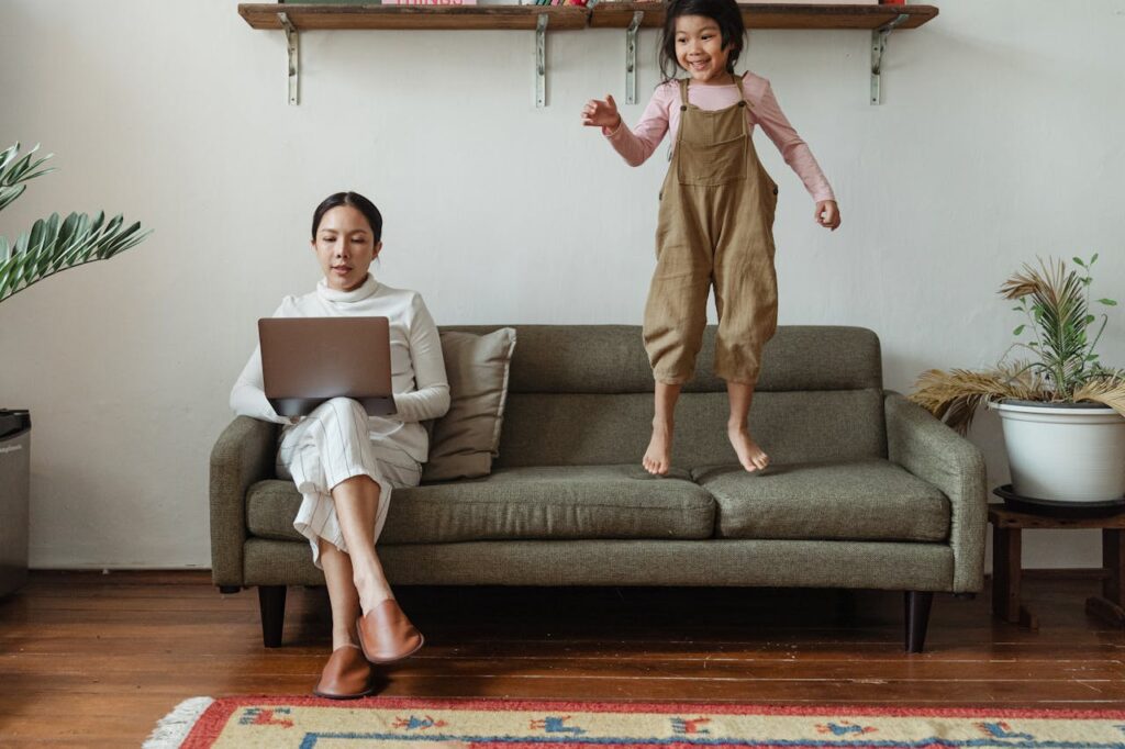 woman working from home with a kid