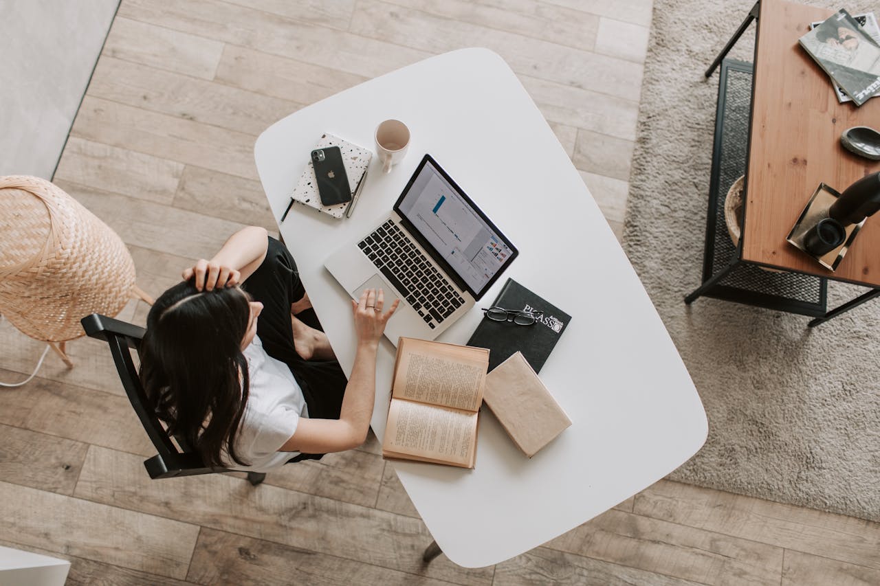 Aerial view of a woman working from home