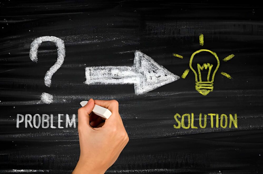 problem and solution written on a chalkboard