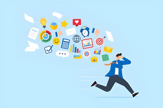 frustrated-businessman-running-away-from-flying-social-and-work-information